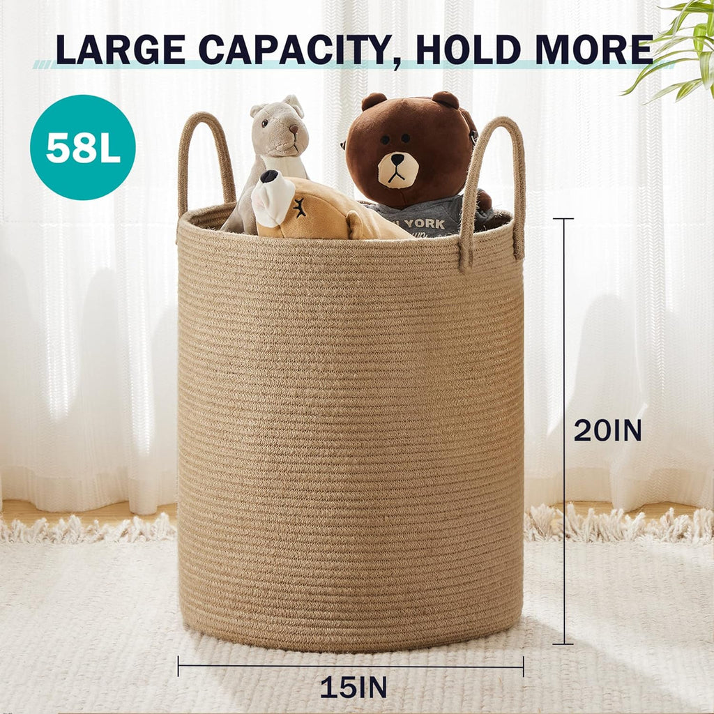 Jute Rope Laundry Hamper Basket, 58L Blanket Basket for Nursery