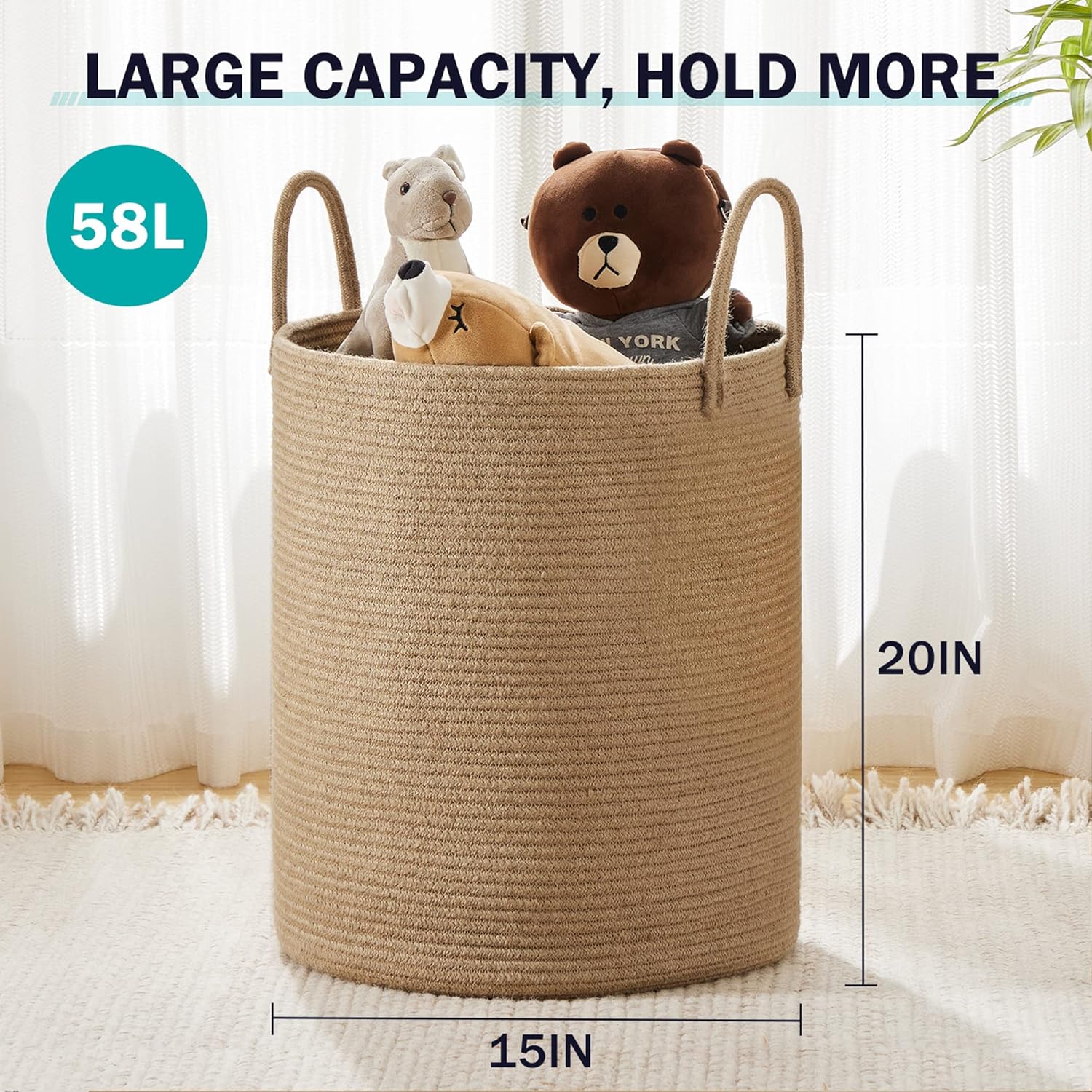 Jute Rope Laundry Hamper Basket, 58L Blanket Basket for Nursery