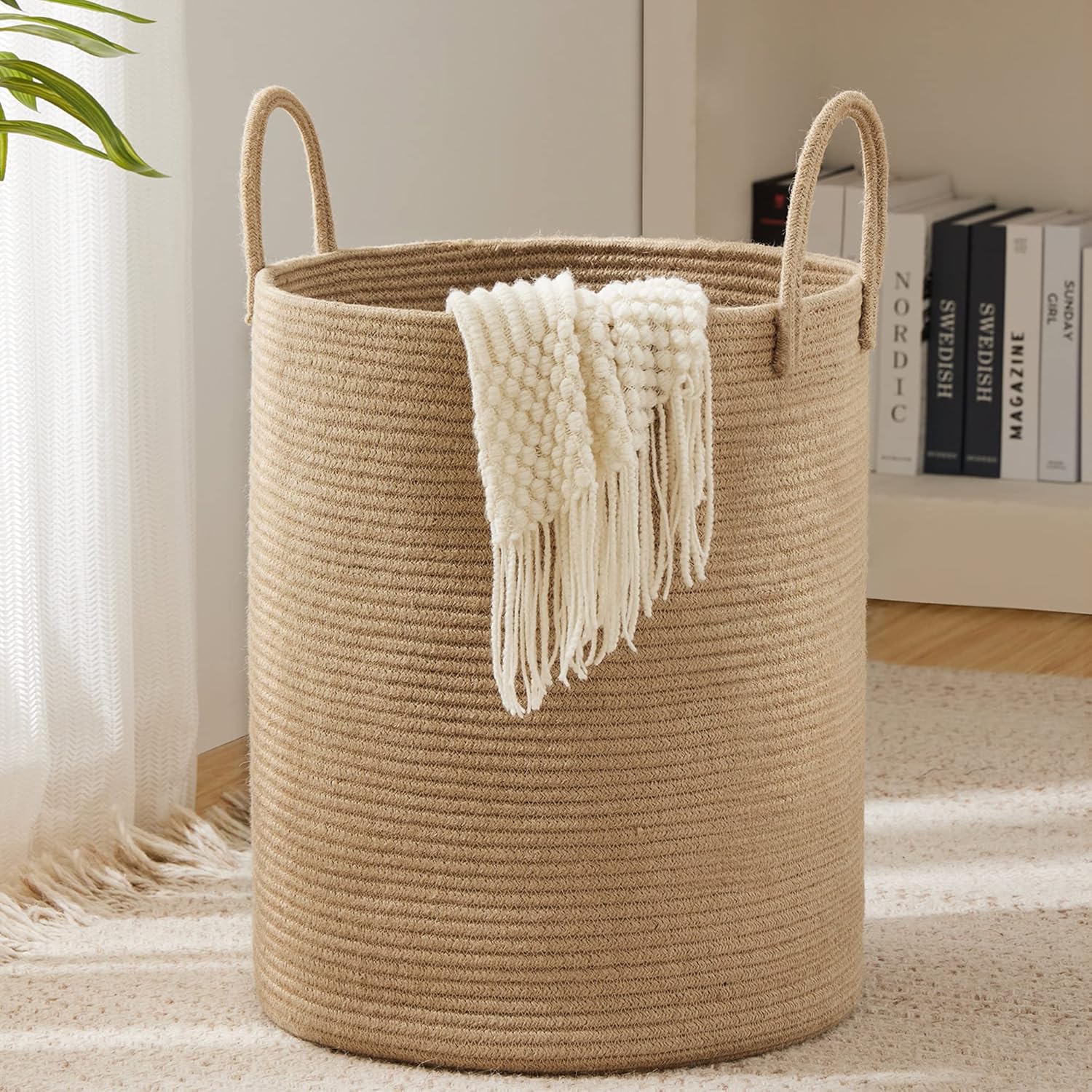 Jute Rope Laundry Hamper Basket, 58L Blanket Basket for Nursery