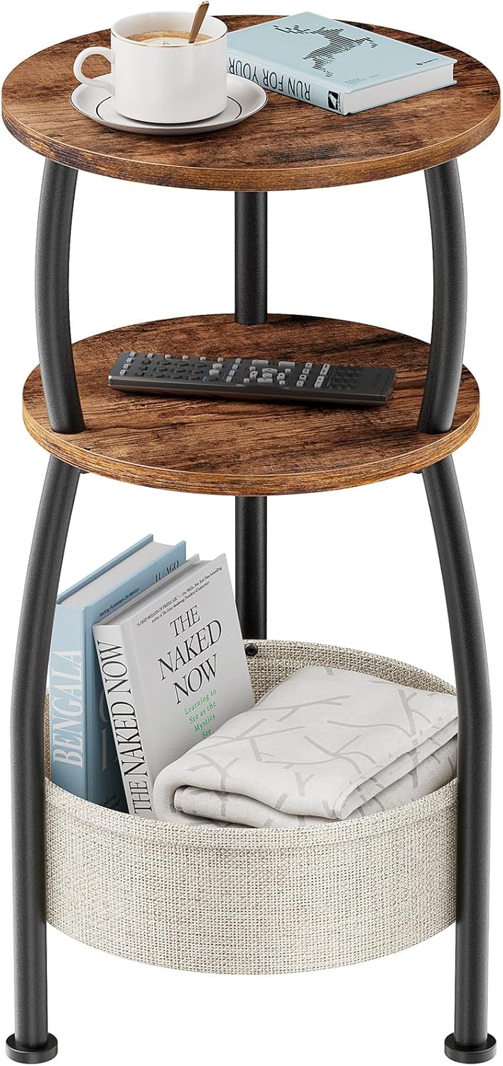 Round Side Table for Small Spaces with Storage Basket