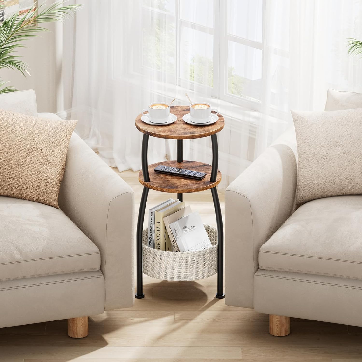Round Side Table for Small Spaces with Storage Basket