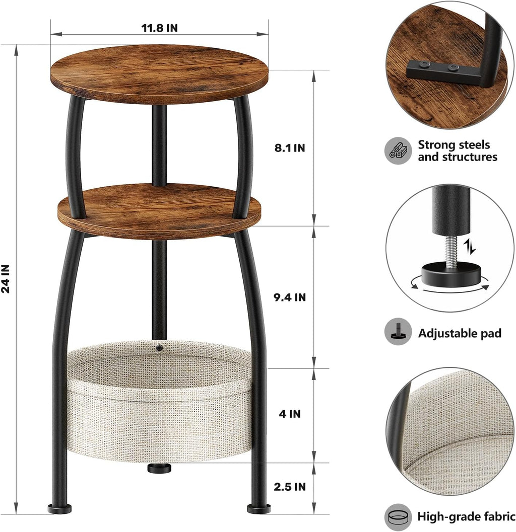 Round Side Table for Small Spaces with Storage Basket