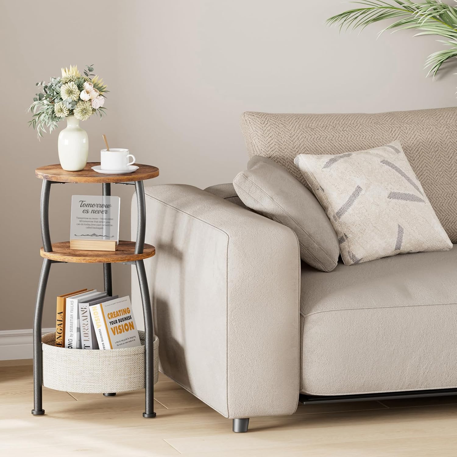 Round Side Table for Small Spaces with Storage Basket