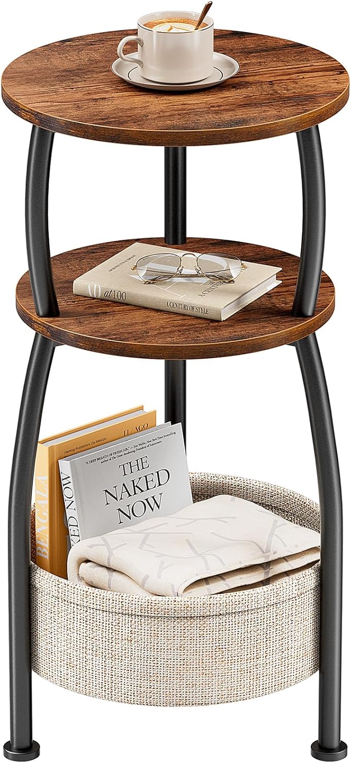Round Side Table for Small Spaces with Storage Basket