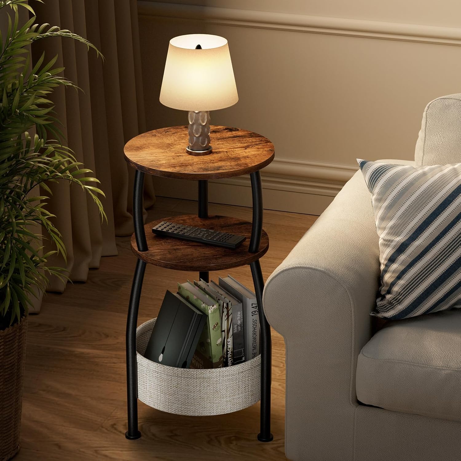 Round Side Table for Small Spaces with Storage Basket