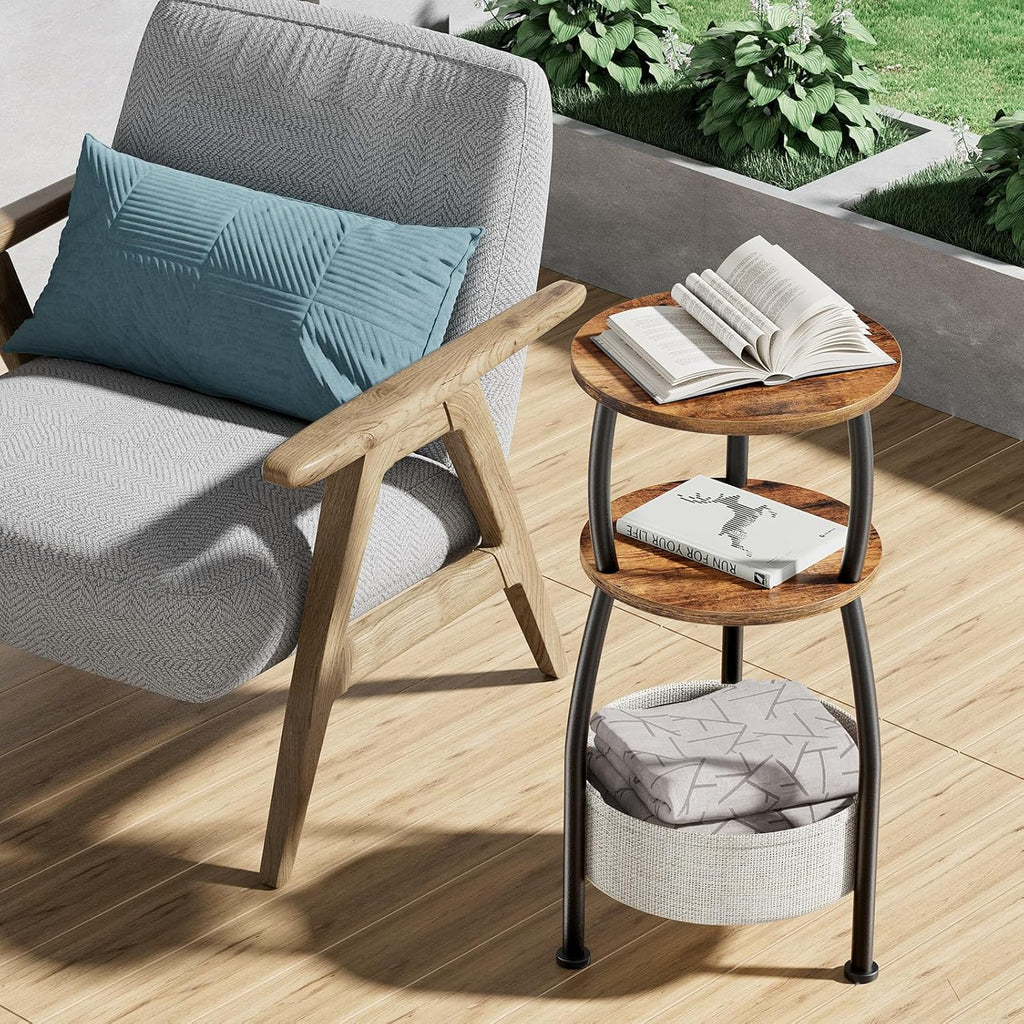 Round Side Table for Small Spaces with Storage Basket