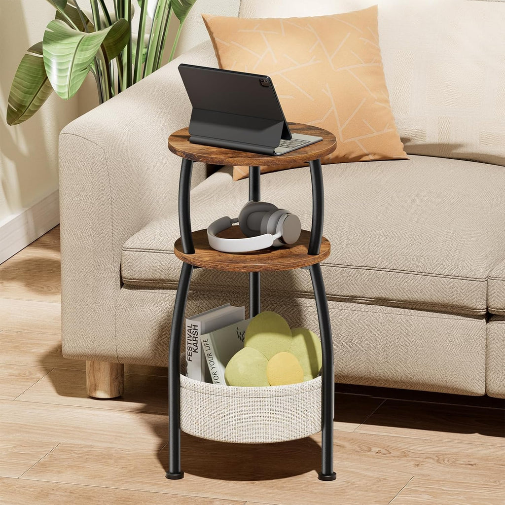 Round Side Table for Small Spaces with Storage Basket
